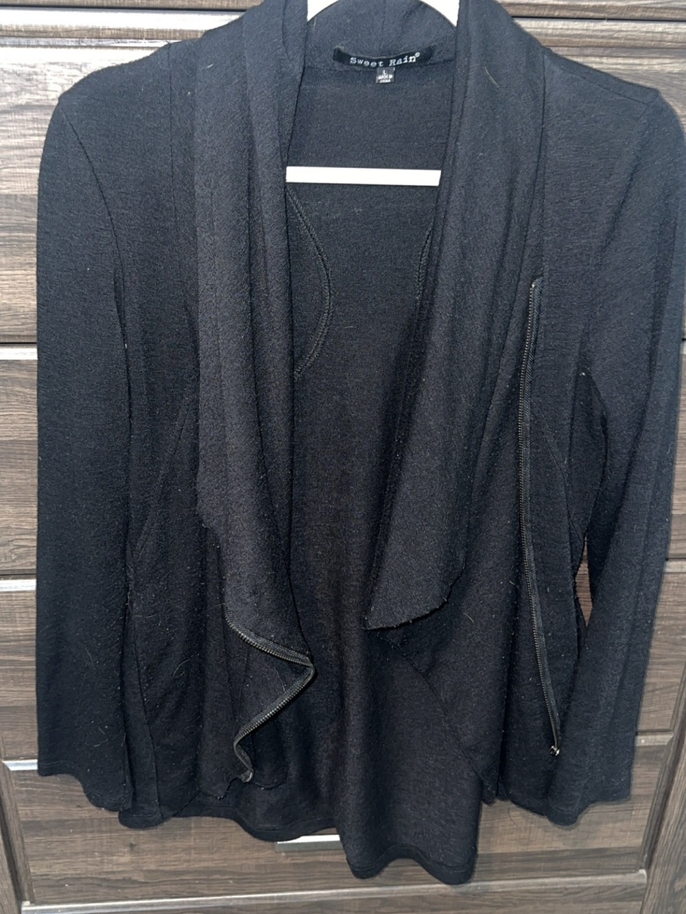Sweet Rain Black Waterfall Open-Front Cardigan with Zipper Detail